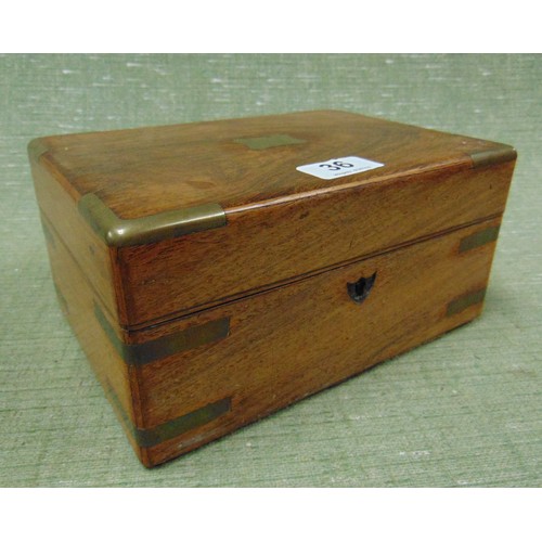 36 - Walnut brass bound writing box, having lift up lid and fitted interior, 4 x 9 x 6