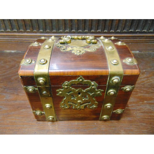 8 - Antique rosewood brass bound tea caddy, having dome topped lid, having fitted interior, 4 x 6 x 4