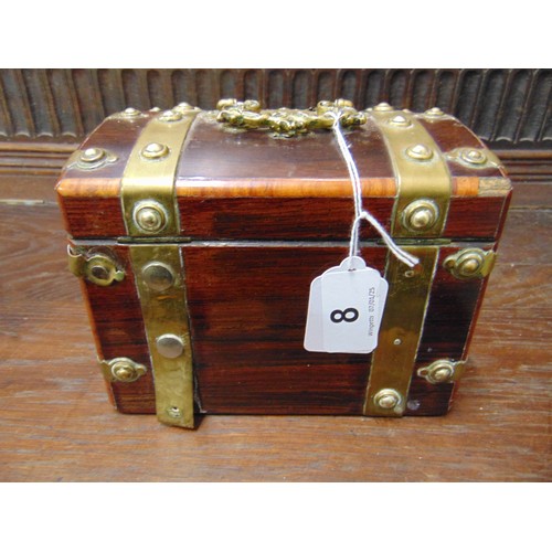 8 - Antique rosewood brass bound tea caddy, having dome topped lid, having fitted interior, 4 x 6 x 4