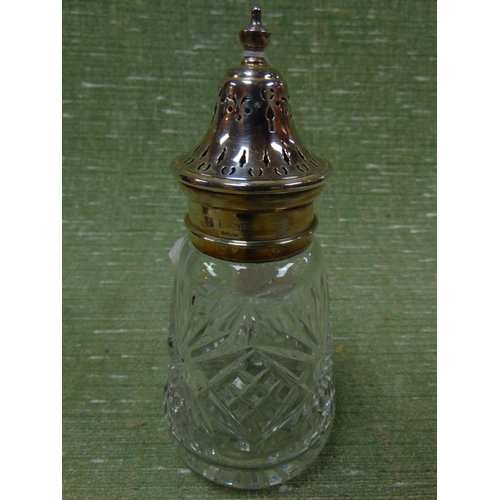 165 - Silver mounted cut glass sugar sifter, maker Baker Ellis Silver Company, Birmingham, 1972.