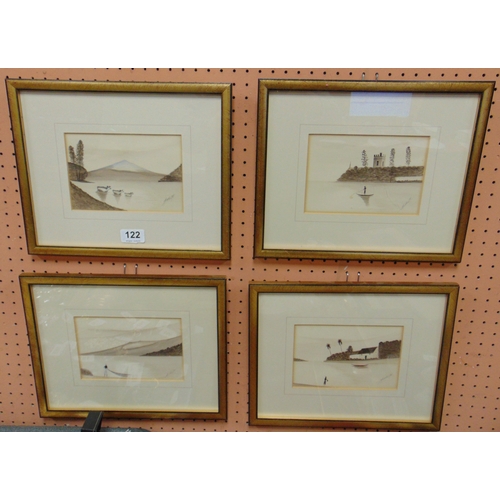 122 - Set of four framed and glazed watercolours, coastal scenes, each indistinctly signed lower right, 5 ... 