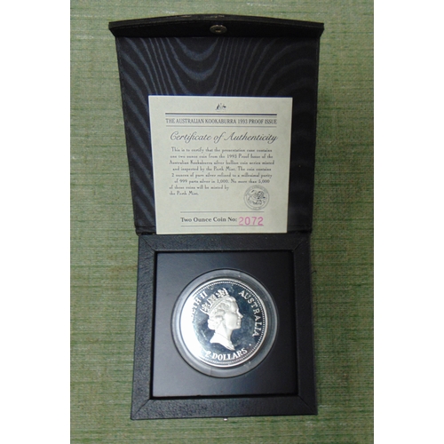 188 - Australian 1/oz .999 1993 silver dollar No.02072, together with a cased Kookaburra 1993 2 oz .999 19... 