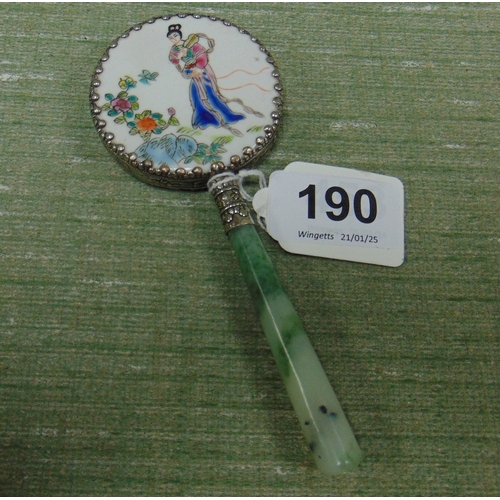 190 - Oriental hand mirror, having traditional decoration, 5.5