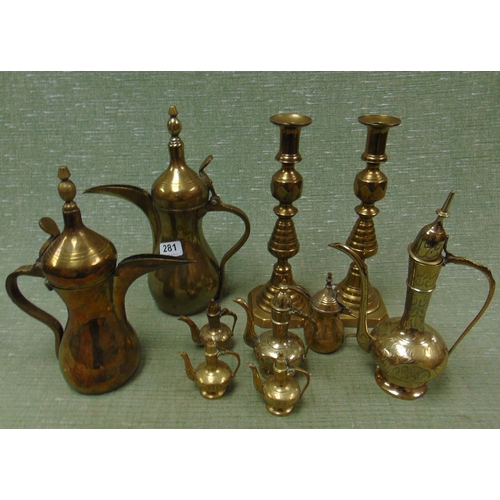 281 - Pair of brass candlesticks, two Turkish coffee pots, etc.