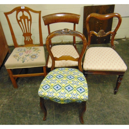 324 - Three antique mahogany chairs and an oak example.