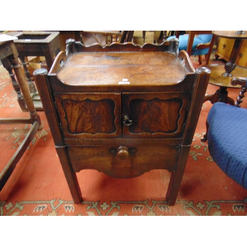 340 - Antique mahogany night table, raised top above pair of doors, pull out fitted interior, 30 x 22 x 18... 