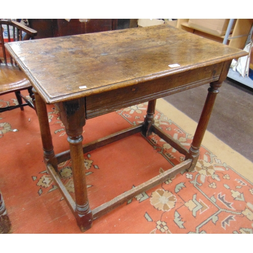 341 - 18th century oak side table, square top, single long drawer, on turned supports joined by plain stre... 