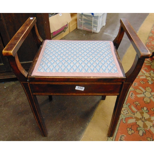 350 - Edwardian inlaid piano stool, lift up lid, side handles and on tapered supports, 25