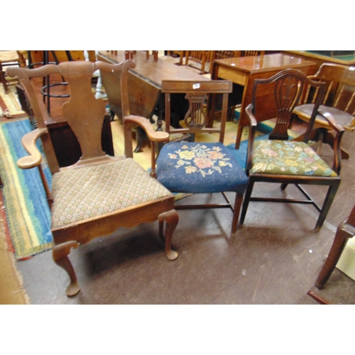 360 - Antique mahogany elbow chair, one other example and a lyre scroll back chair. (3)