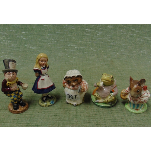 367 - Two Beswick 'Alice Series' figures and three Beatrix Potter figures.