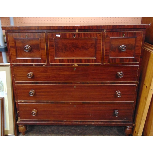 374 - Antique mahogany chest of three top hat and three graduated drawers, with knob handles, set on turne... 