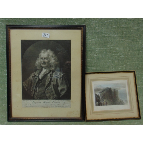 397 - Antique framed and glazed black and white engraving, Capt Thomas Covan, etc.