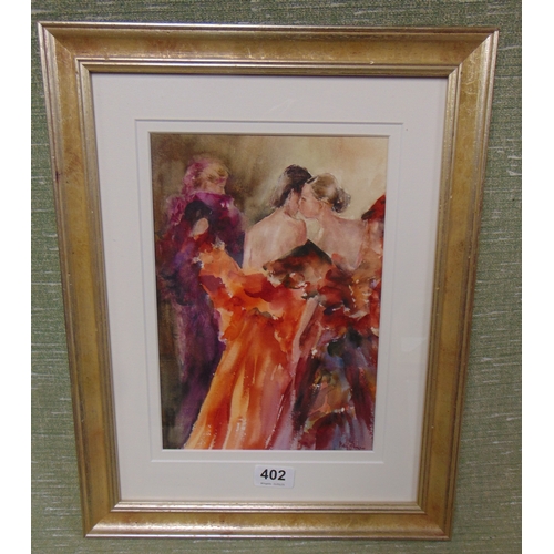 402 - Kitty Mulder, framed and glazed watercolour, Ladies in waiting, signed lower right. 11.5 x 7.5