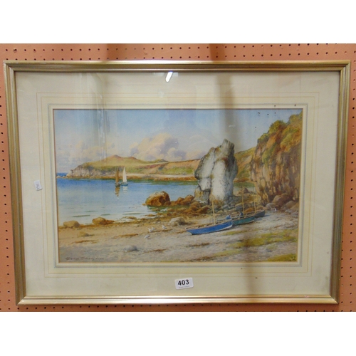 403 - Warren Williams ARCA, framed and glazed watercolour, boats ashore, signed lower left,  12.5 x 19.5