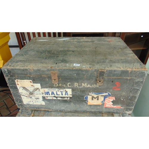 411 - Military wooden trunk, having lift up lid and metal handles, 17 x 36 x 24