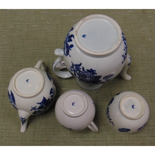 45 - Caughley ware blue and white transfer four piece tea set, having butterfly and flowering branch deco... 