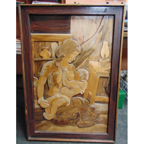 61 - Marquetry specimen portrait - mother and child. 36 x 24.5