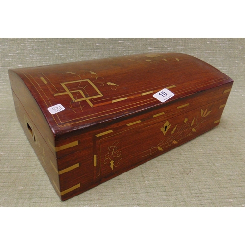 10 - Reproduction hardwood brass inlaid dome topped jewellery box, having fitted interior and side handle... 