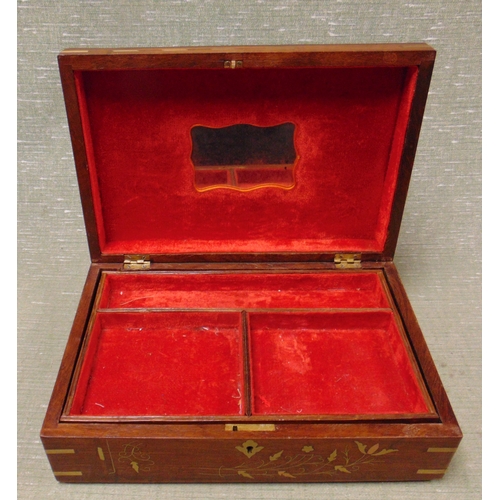 10 - Reproduction hardwood brass inlaid dome topped jewellery box, having fitted interior and side handle... 