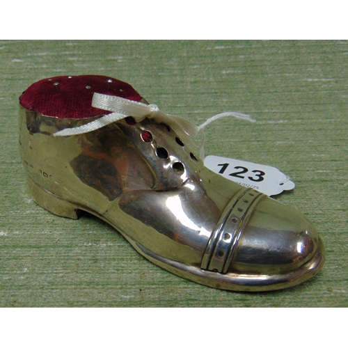 123 - Silver framed shoe form pin cushion, maker S. Blanckensee & Sons, Birmingham 1923.