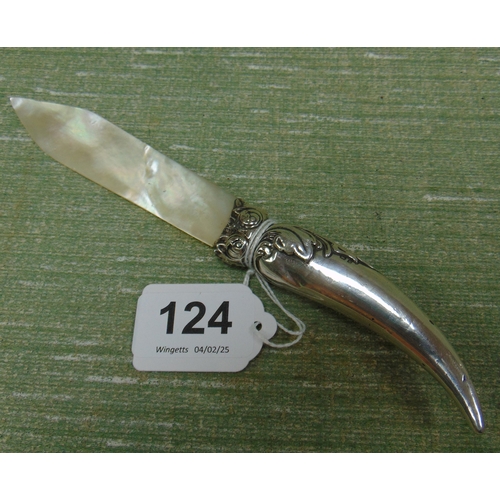 124 - Silver mother of pearl blade owl form letter opener, maker Crisford & Norris, Birmingham 1902.