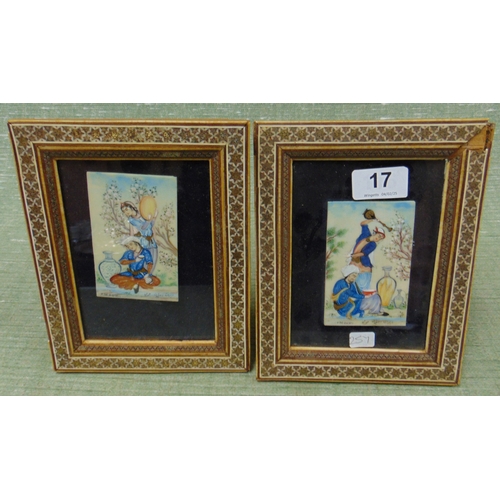 17 - Pair of framed and glazed Eastern paintings, classical figures, signed O Moumi, each 4 x 2.5