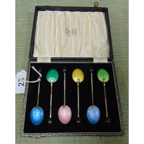 23 - Cased set of six silver coffee spoons, having beaded handles and coloured enamel bowls, maker Henry ... 