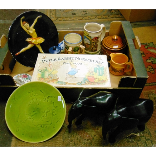 255 - Mixed items, to include ebony elephant figures, boxed Wedgewood Peter Rabbit nursery set, Choisy Le ... 