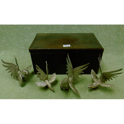 272 - Wooden box, containing four plated cockerel figures.