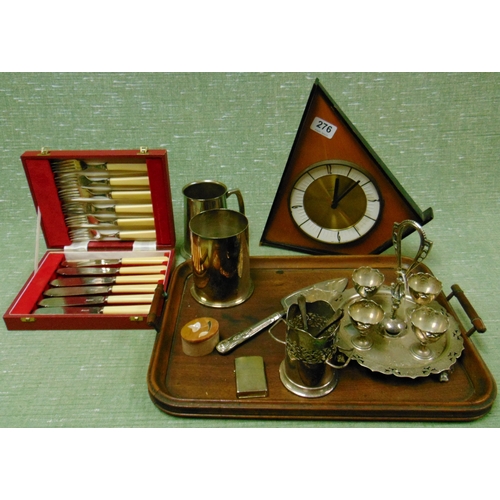 276 - Vedette wall clock, plated egg cruet, tankard, etc.