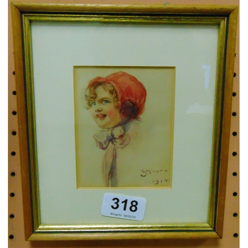 318 - D.Moore, 1914, framed and glazed watercolour, head and shoulder portrait of a young girl.