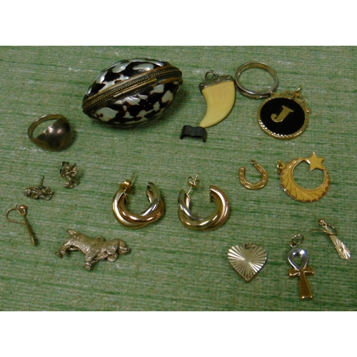 326 - Pair of gold earrings, gold framed pendant, silver ring, trinkets, etc.