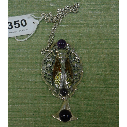 350 - Sterling silver insect form pendant on chain, set with purple stones.