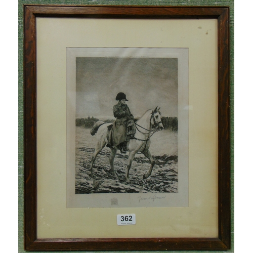 362 - Framed and glazed black and white engraving, Napoleon on horseback, 12 x 8.5