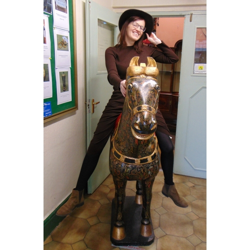 60 - Good antique style Chinese gilt and lacquered horse statue, set on rectangular base, 59 x 56 x 16