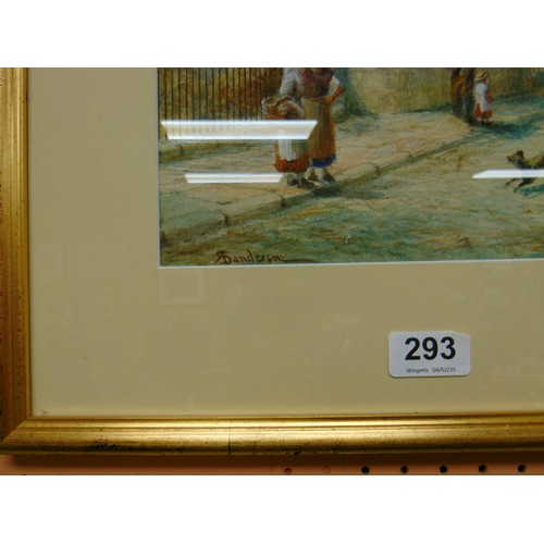 293 - D. Sanderson, framed and glazed watercolour, figures within a street scene, 14 x 9.5