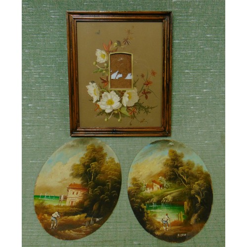 317 - A pair of unframed oil, figure beside a harbour and a floral decorated frame.