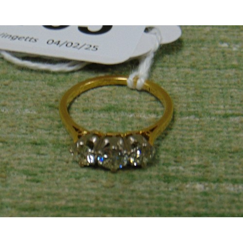 55 - 18ct gold three stone diamond ring, size O.