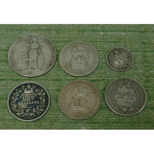 133 - English silver coins, 1910 Florin, four shillings 1826, 73, die 35, 1913 and 1919, together with an ... 