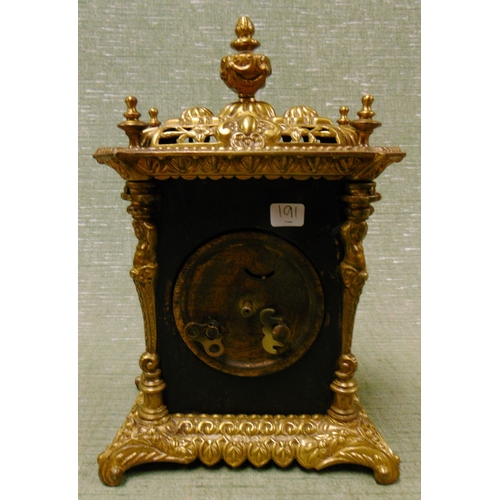 327 - Gilt mounted faux tortoise shell mantle clock, having Arabic numerals, 10 x 6 x 4