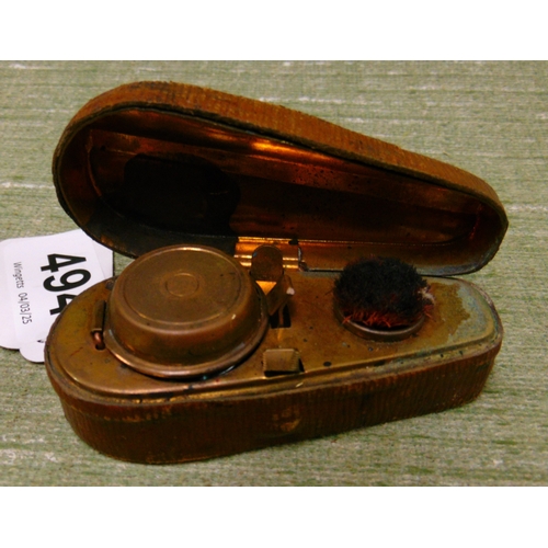 494 - Antique ink well in the form of a violin case, miniature silver photograph frame and a stud box.