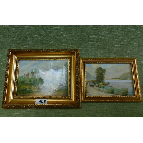 498 - Joldy, framed oil on board, village scene and a framed and glazed miniature watercolour. (2)