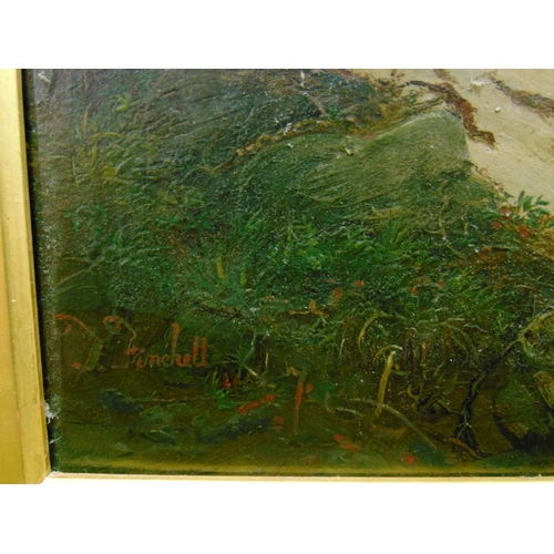 76 - T. Finchull, gilt framed oil painting on canvas, waterfall scene, signed lower left, 25.5 x 20