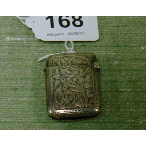 168 - Antique silver vesta case, having hinged top and engraved decoration, Birmingham.