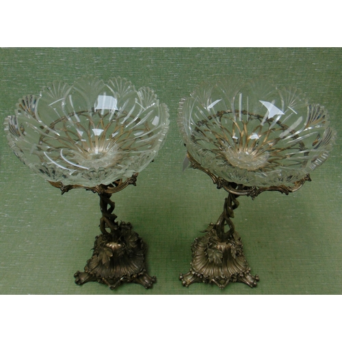 1 - Good pair of cut glass comports, each having a silver plated foliate form base.