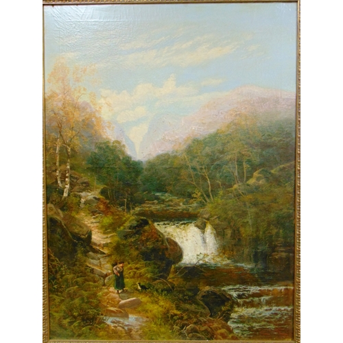 50 - C. Austin, gilt framed oil painting on canvas, figure besides a waterfall, signed lower right, 40 x ... 