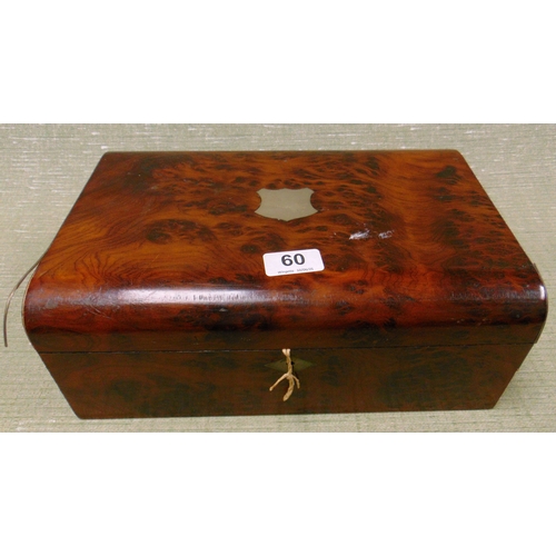 60 - 19th century burr walnut work box, having lift up lid and brass inlay, 5 x 3 x 8.5 