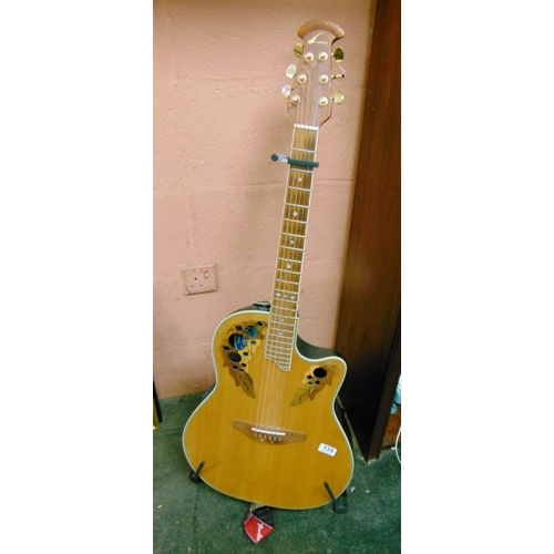 Ovation acoustic/electric guitar on stand, having marquetry inlaid ...