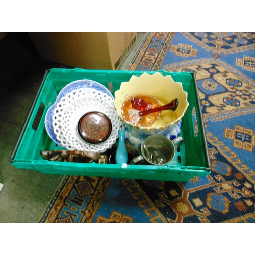 105 - Pottery jardiniere, coloured glass, etc.