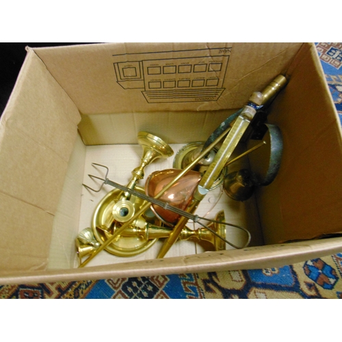 106 - Box of antique metalware.
